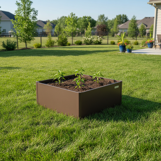 Umber Brown square modern raised garden bed in a backyard with three pepper plants growing.