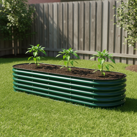 British green planter in backyard with three young pepper plants growing in it.
