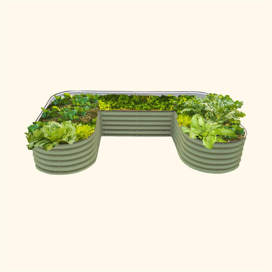 Olive Green U-Shaped modern raised garden bed with colorful flowers and plants on a white background.