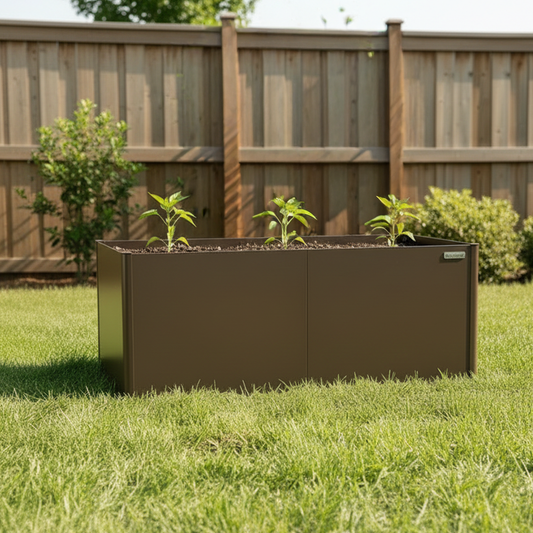 Umber Brown tall modern raised garden bed in a backyard with three pepper plants growing.