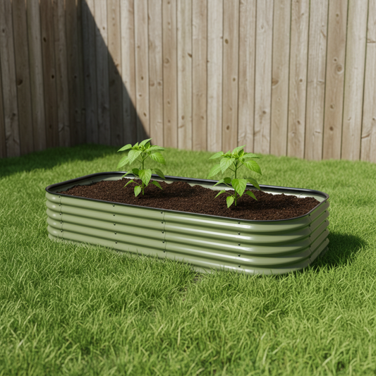 Olive green planter with two pepper plants growing in a backyard.