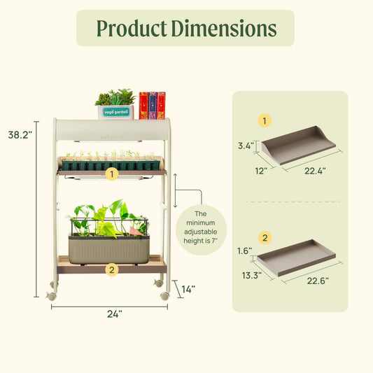 Dimensions of the 2 Tier Grow Light Garden with shelves and cabinets.
Dimensions of garden:38.2" tall, 24" long, and 14" wide.
Dimensions of shelf 1: 3.4" tall on the back, 22.4" long, by 12" wide
Dimensions of shelf 2: 1.6" tall. 22.6" long, by 13.3" wide.