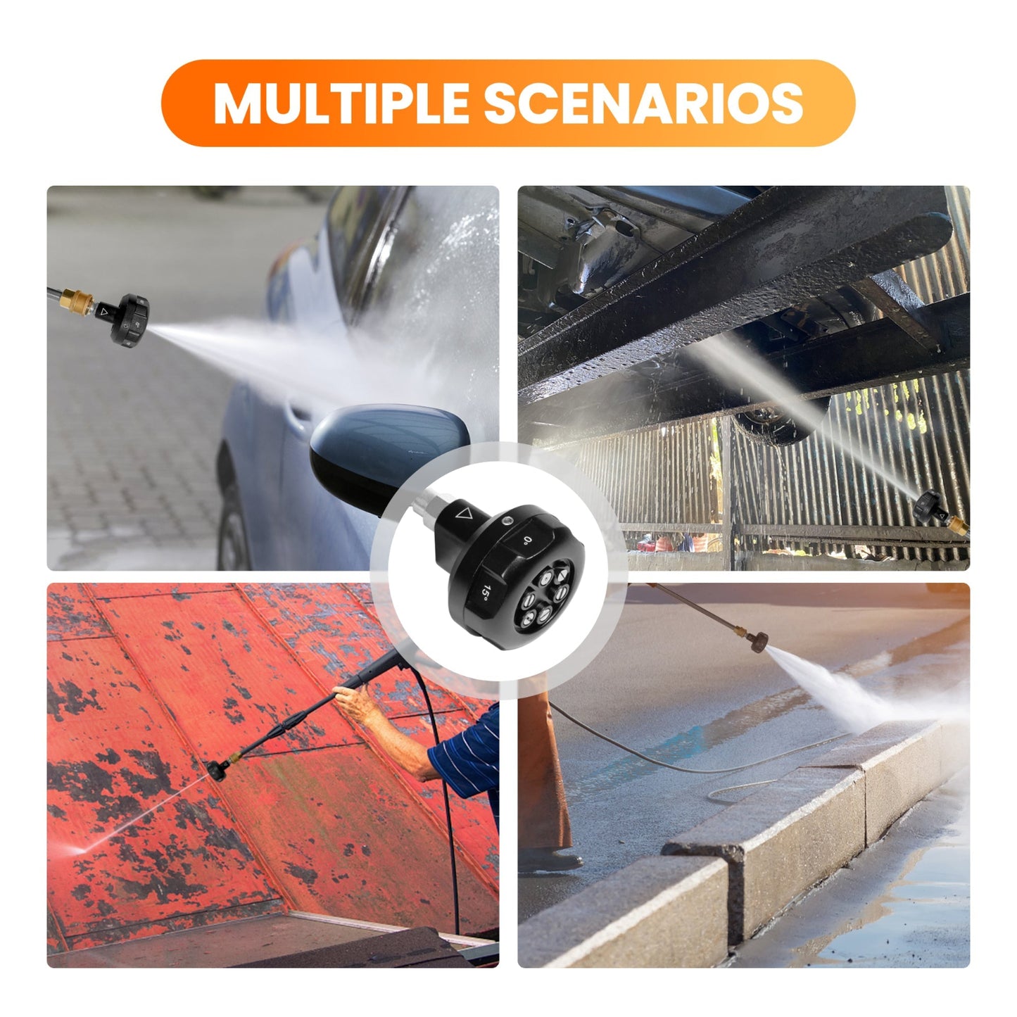 6 in 1 Adjustable Pressure Washer Spray nozzle with multiple usage scenarios including car washing, cleaning under a vehicle, and cleaning a sidewalk.