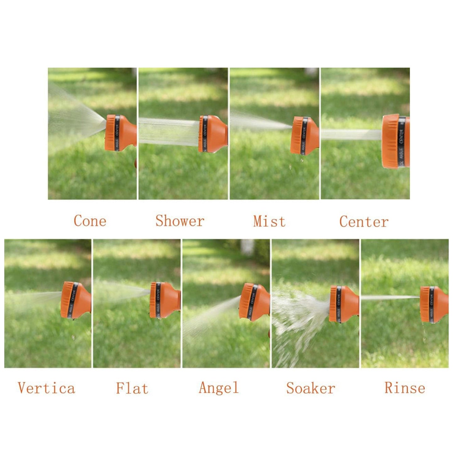 Illustration the 9 pattern adjustable garden hose nozzle demonstrating various spray patterns on grass including: cone, shower, mist, center, vertical, flat, angle, soaker, and rinse.