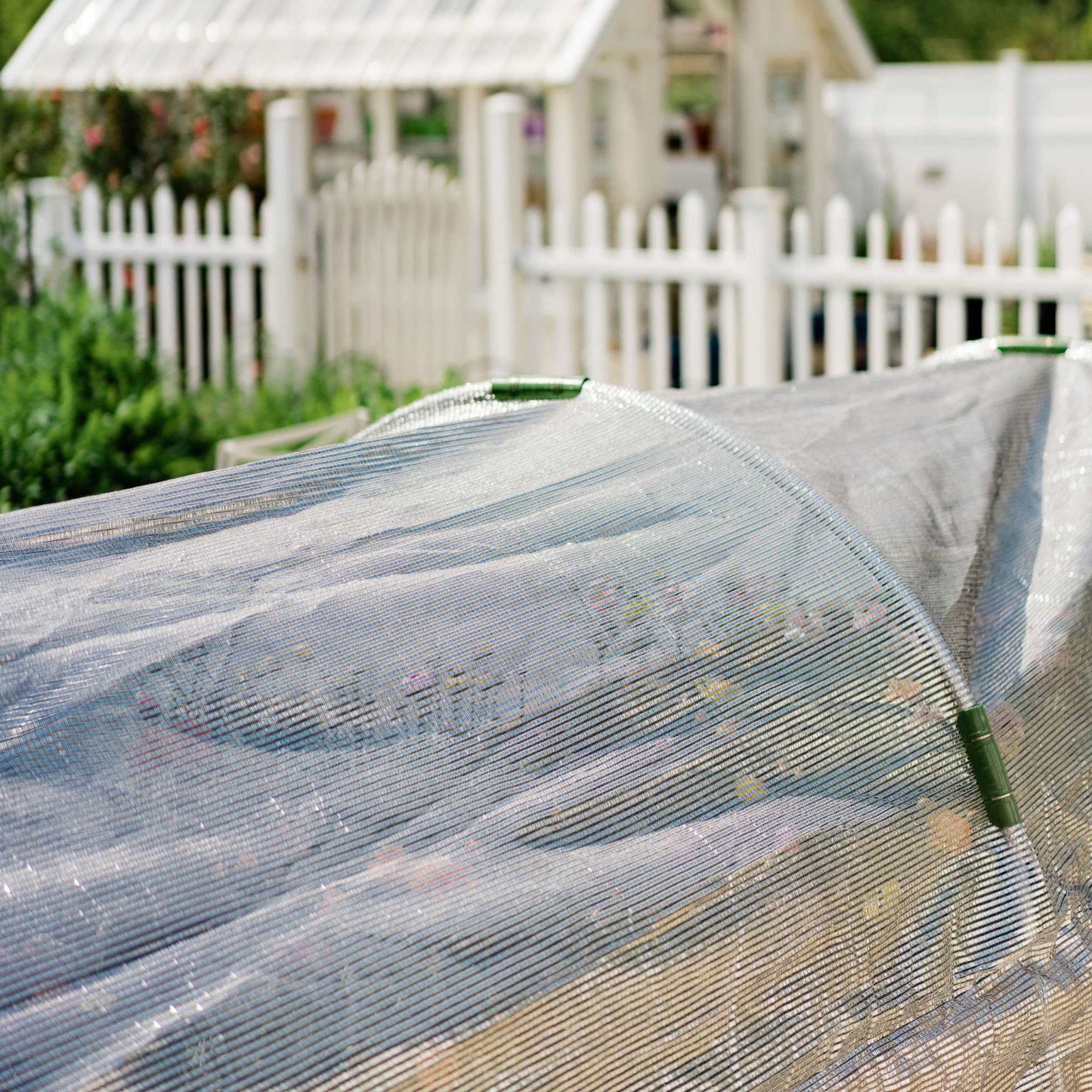 white shade cloth being used over crop row outdoors
