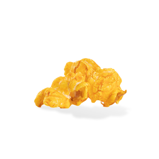 Three pieces of BBQ popcorn on a white background
