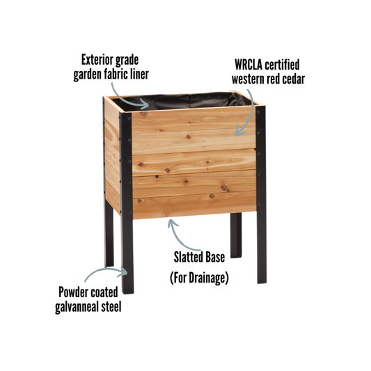 Cedar Planter 18x24 inch raised garden bed 30 inches tall highlighting exterior grade fabric liner, WRCLA certified Western Red Cedar, powder coated galvanneal steel, and slatted base for drainage