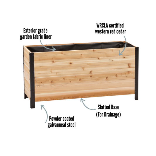 Cedar Planter 18x48 inch planter box 24 inches tall highlighting exterior grade fabric liner, WRCLA certified Western Red Cedar, powder coated galvanneal steel, and slatted base for drainage
