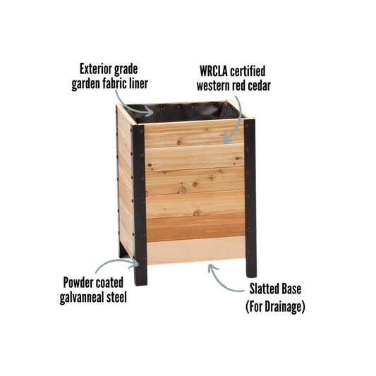 Cedar Planter 18x18 inch planter box 24 inches tall highlighting exterior grade fabric liner, WRCLA certified Western Red Cedar, powder coated galvanneal steel, and slatted base for drainage