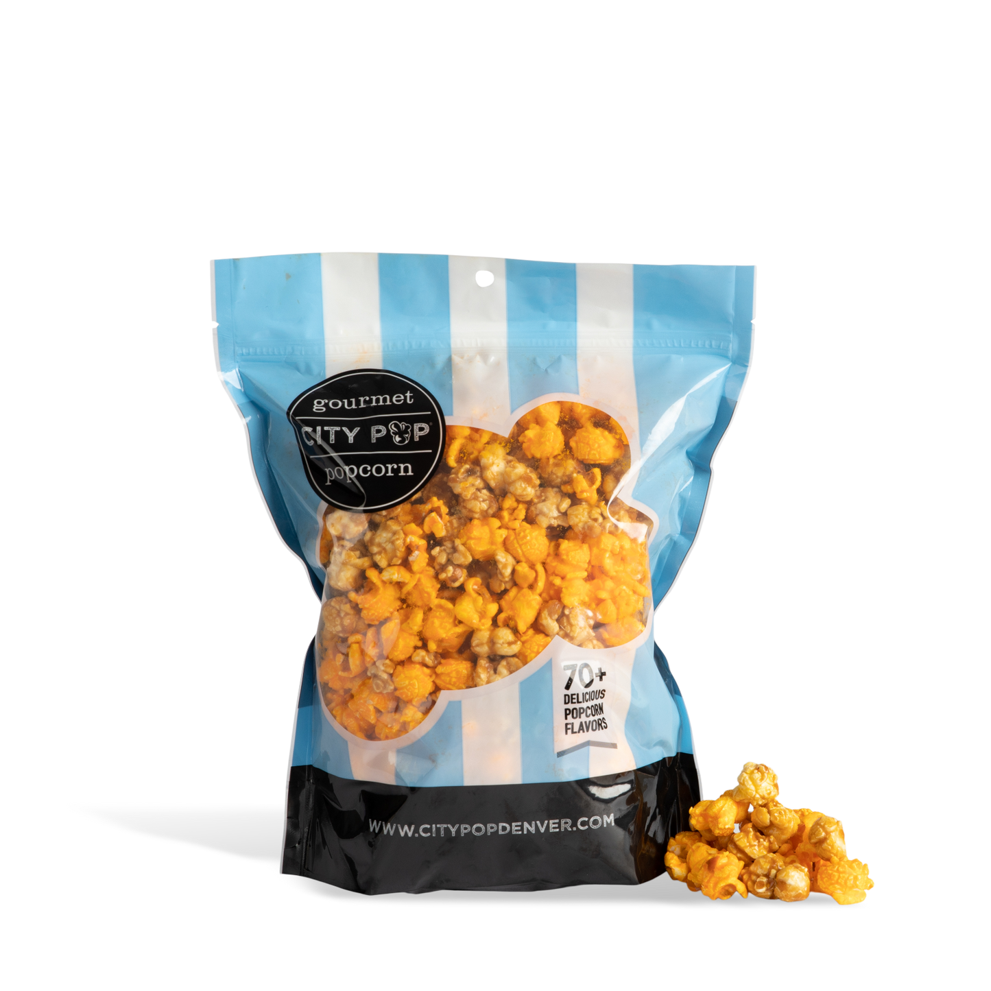 Bag of City Pop Cheese and Caramel Mix popcorn with visible branding on a white background