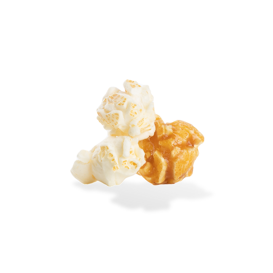 Three pieces of Denver Mix popcorn on a white background