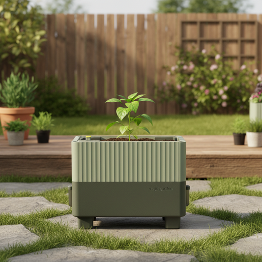 EZCube Self-Watering Planter – 21″ x 24″ with a young pepper plant in a backyard