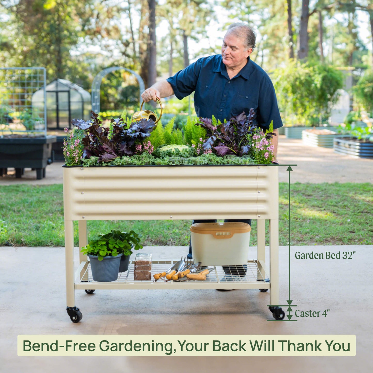 Person gardening on a raised garden bed with text about bend-free gardening.
