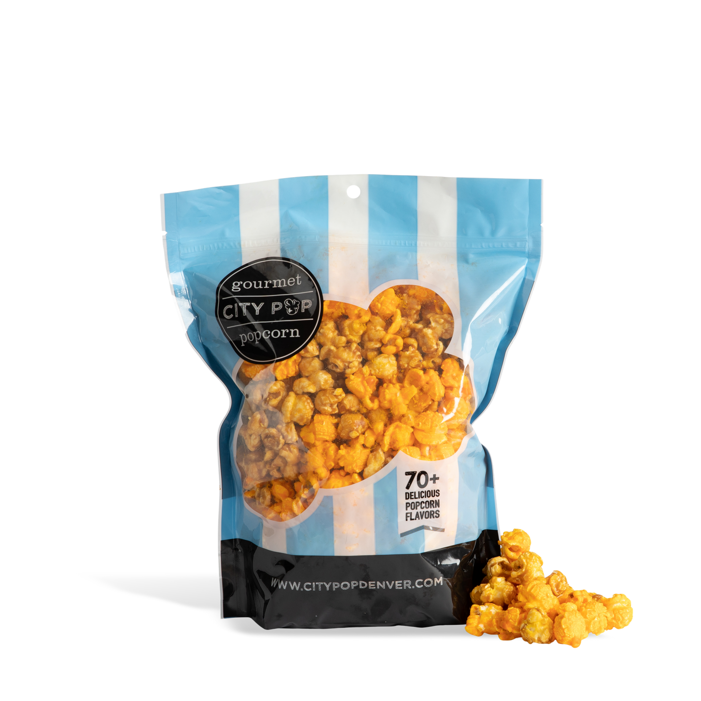 Bag of City Pop Extra Buttery Caramel Cheese Mix popcorn with blue and white striped design on a white background