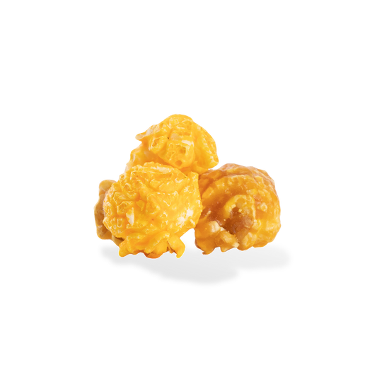 Three pieces of Extra Buttery Caramel Cheese Mix popcorn on a white background