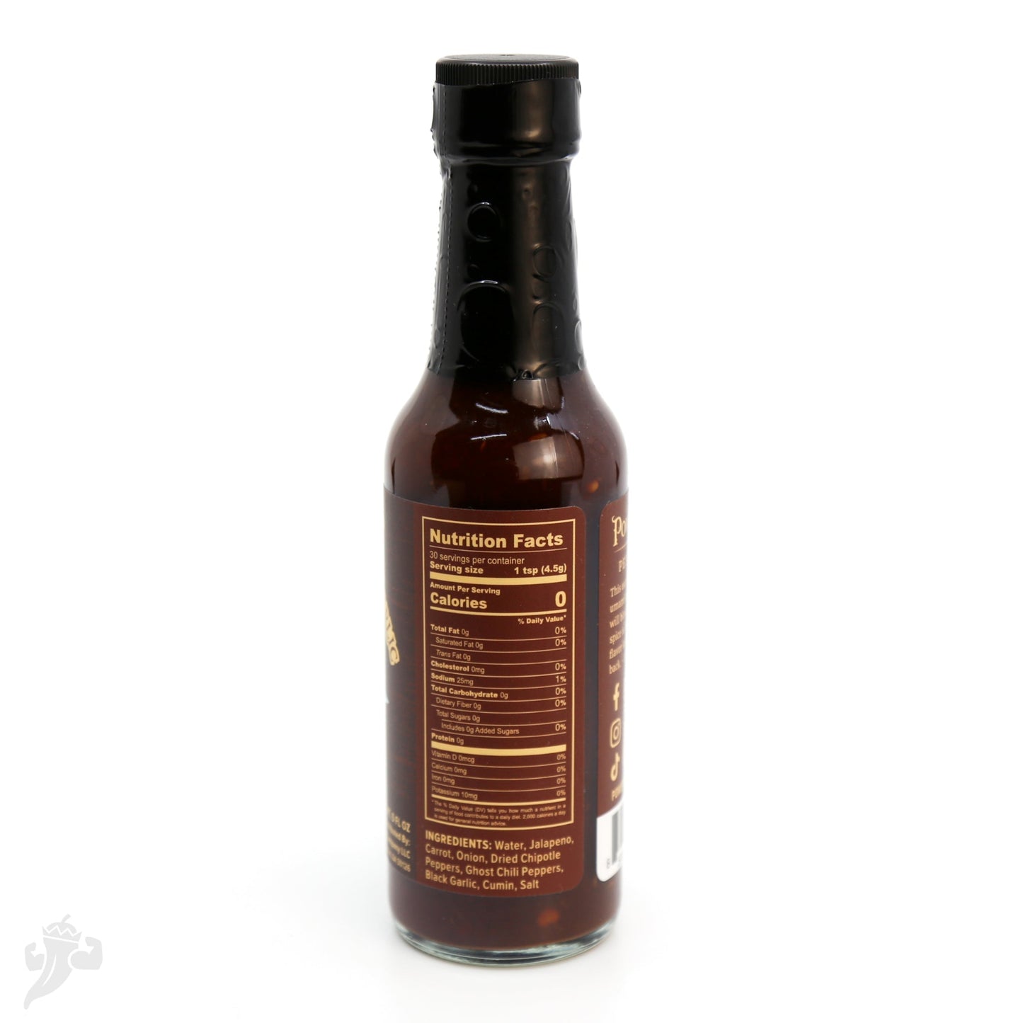 Bottle of Ghost Chipotle Black Garlic Hot Sauce on a white background with Nutrition Facts label visible