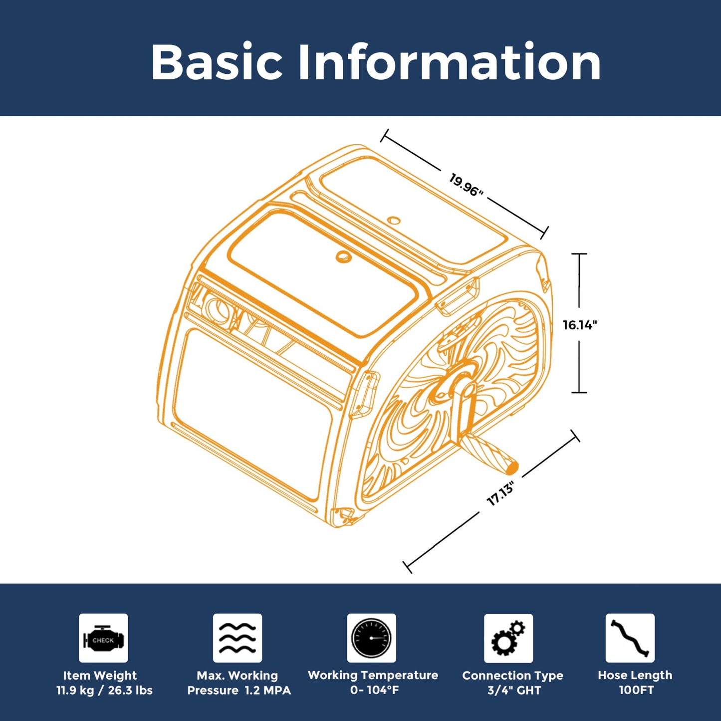 Technical diagram of heavy duty garden hose reel with dimensions and basic information on a white background.