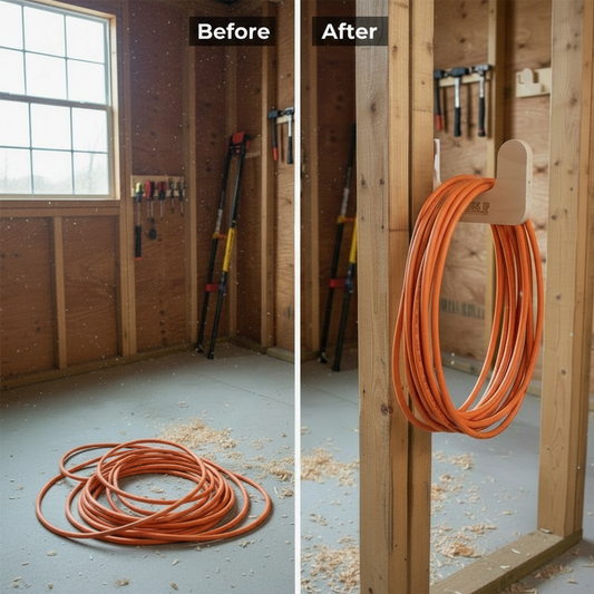Before and after comparison showing an orange extension cord laying on the floor inside an unfinished shed versus neatly organized on the stud-mounted utility organization rack.