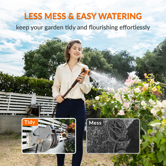 Woman watering the garden with a hose hose from the Heavy-Duty Wall-Mounted Stainless Steel Garden Hose Reel, emphasizing 'less mess & easy watering' in a garden setting.