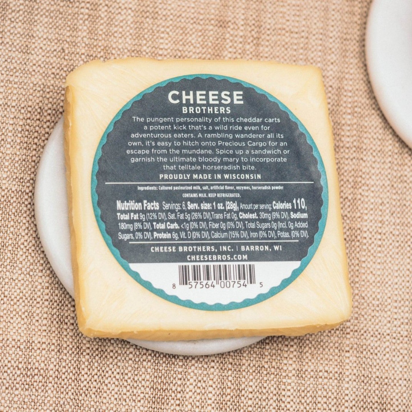 Horseradish cheddar cheese product label with ingredients and nutrition facts