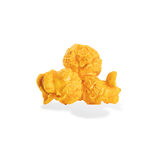 Three pieces of Hot Cheese popcorn on a white background