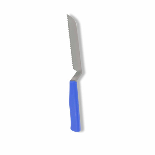 Serrated harvesting knife for spinach and leafy greens. Serrated blade with blue handle on white background.