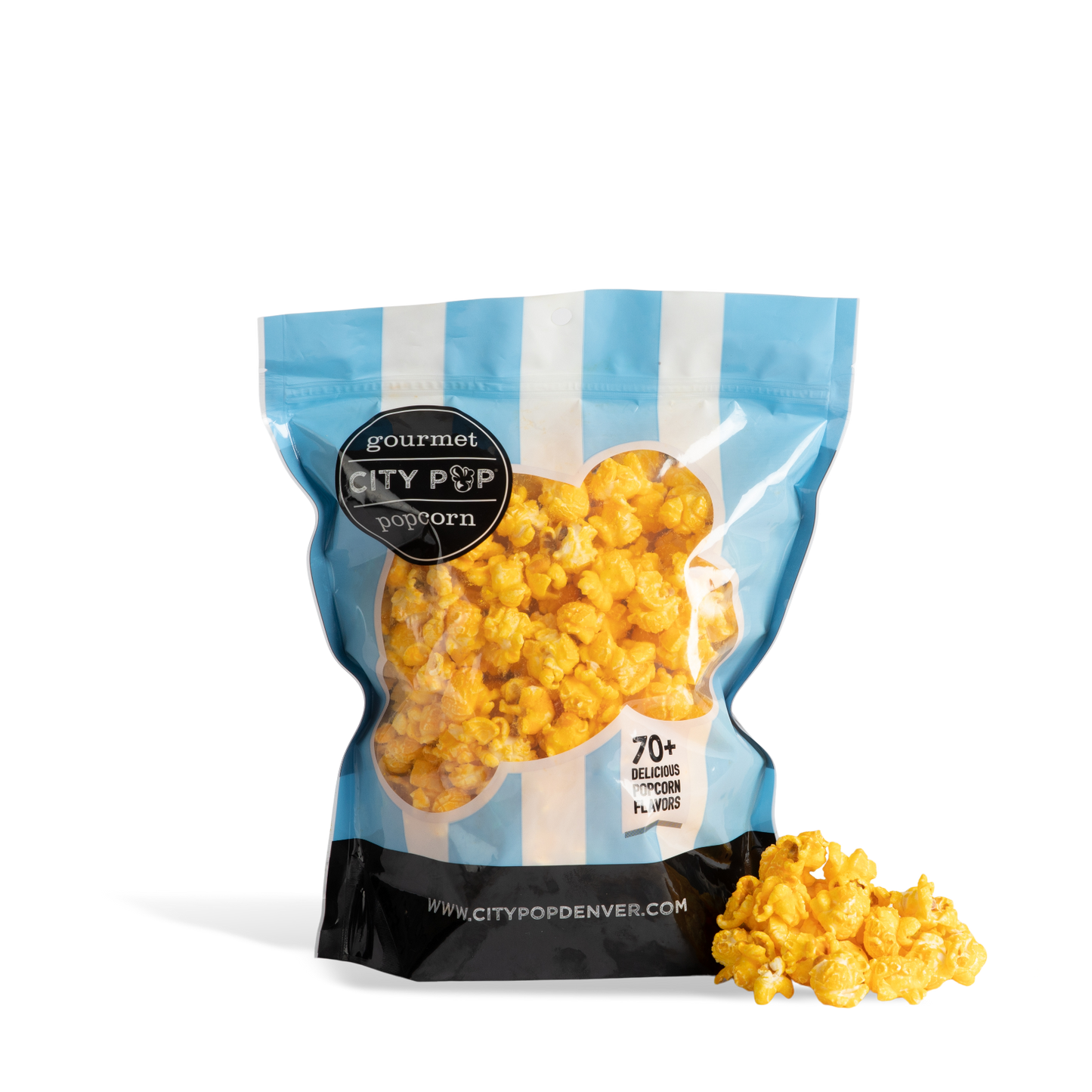 Bag of City Pop Mac and Cheese popcorn with visible branding on a white background