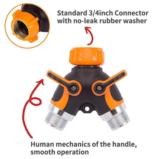 Metal Water Hose Splitter with orange and black design on a white background indicating features of a no-leak rubber washer and smooth operation of the flow valves for the two connectors.