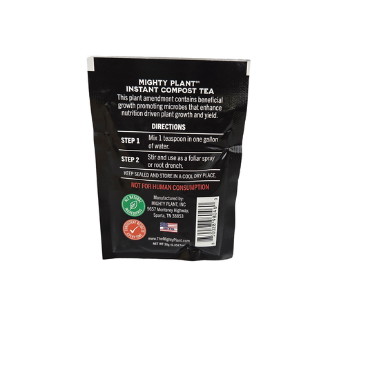 Back label of a Mighty Plant Instant Compost Tea 10 gram package on a white background
