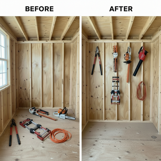 Before and after comparison showing yard tools cluttering the floor inside an unfinished shed versus neatly organized on the stud-mounted miscellaneous hook organizers.