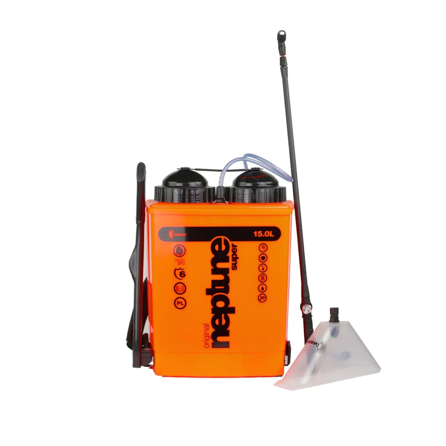 orange neptune backpack sprayer on white background