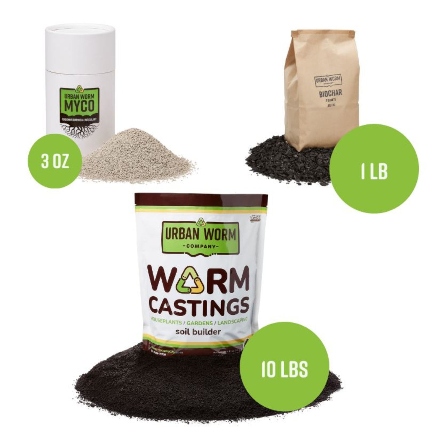 Collection of Urban Worm Company products including a can of Myco, a bag of Biochar, and a bag of Worm Castings with labeled quantities on a white background.
