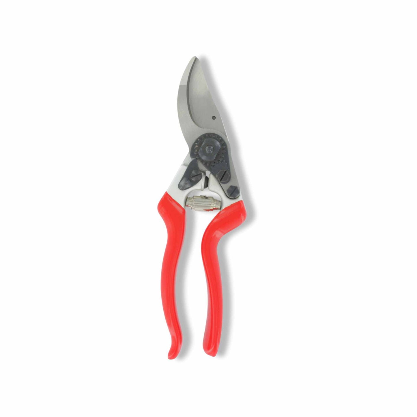 Pruning shears with red handles on a white background