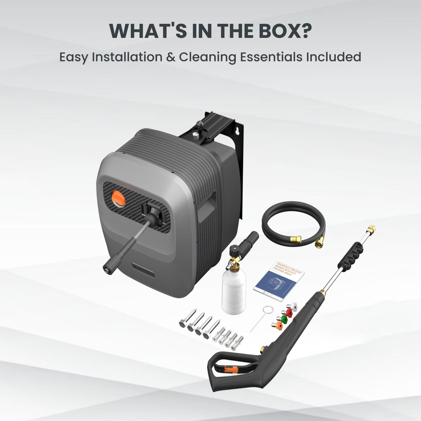 Retractable electric pressure washer with accessories included in package on a white background.