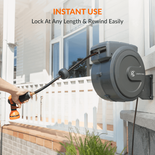 Retractable garden hose reel with adjustable lock mechanism installed on an exterior wall of a home with text overlay saying Instant Use: Lock at any length and rewind easily.