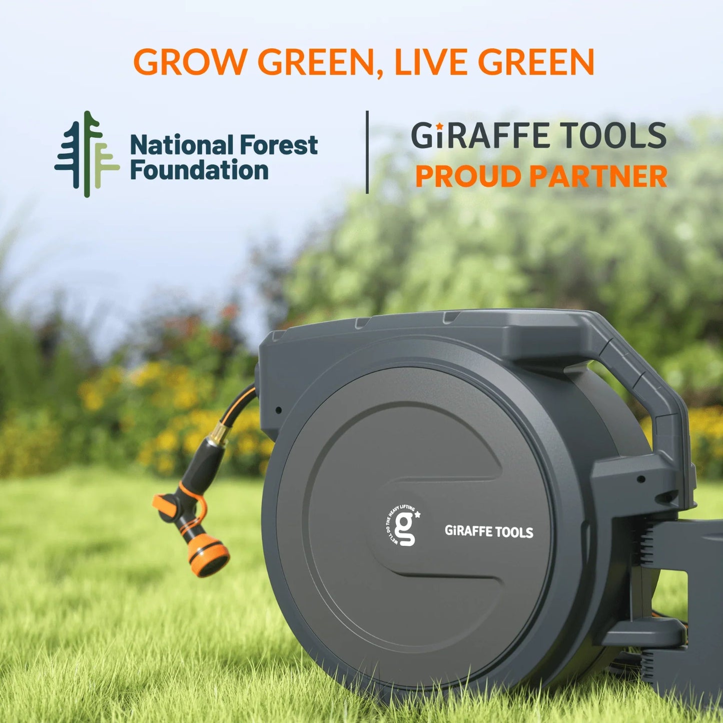 Retractable Garden Hose Reel with National Forest Foundation partnership noted with home landscaping in the background.