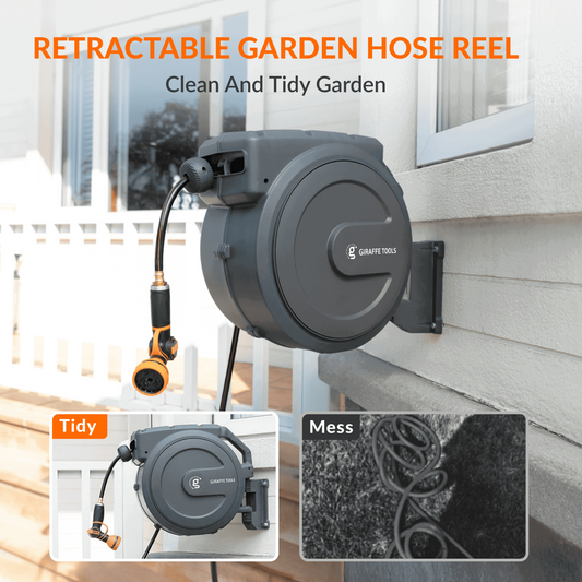 Retractable garden hose reel installed on exterior of home with text indicating it will give you a tidy yard showing the hose reel in use compared to a garden hose twisted laying on the ground.