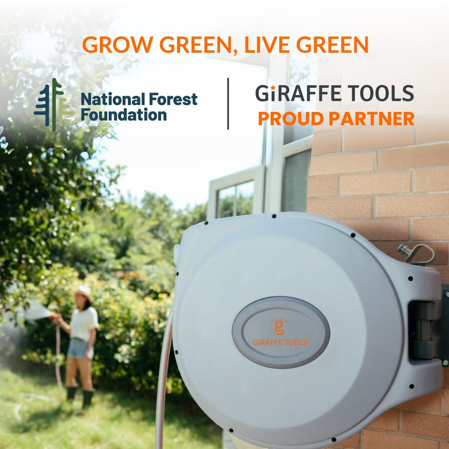 Retractable Garden Hose Reel with National Forest Foundation partnership noted and a person gardening in the background.