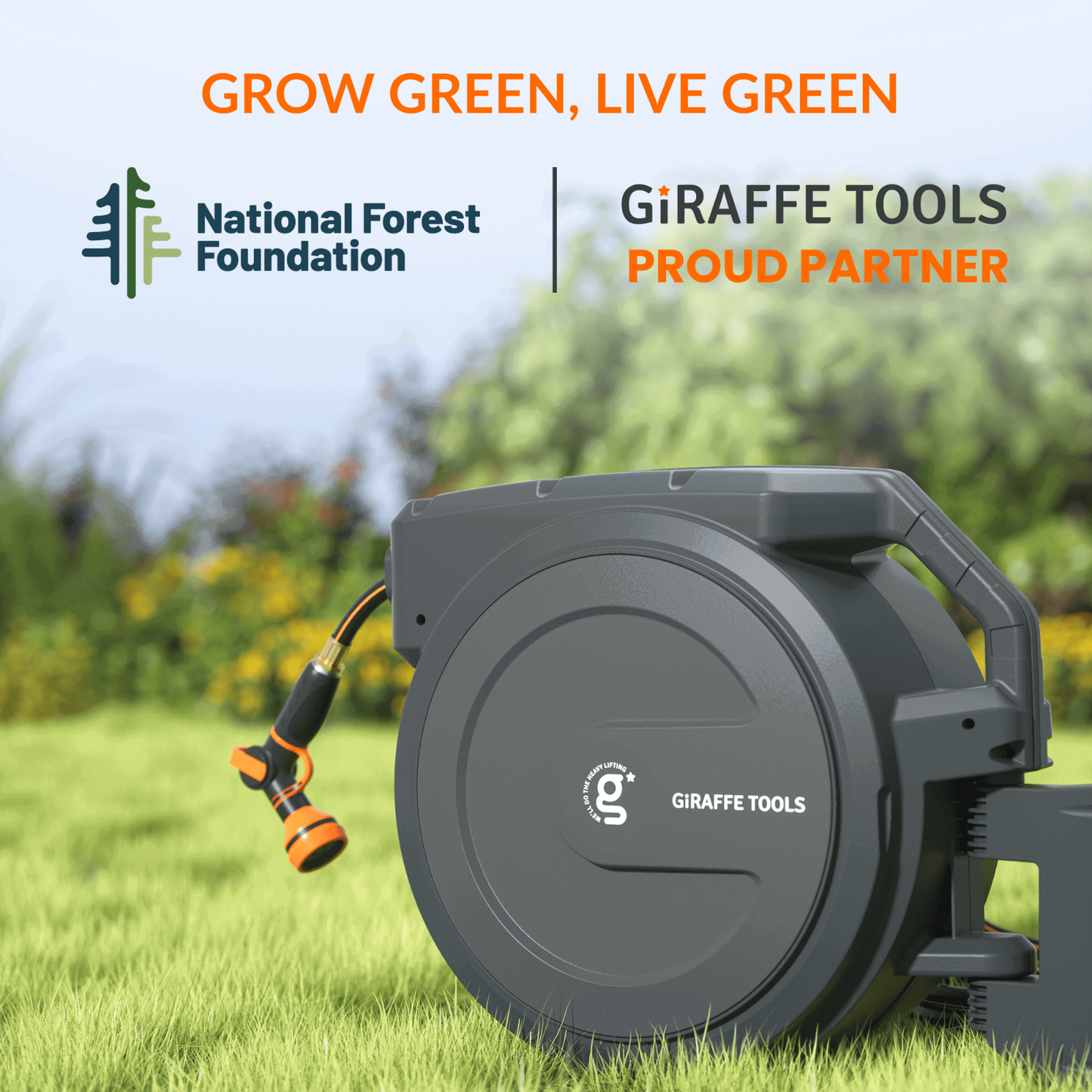 Retractable Garden Hose Reel with National Forest Foundation partnership noted with a landscaping background.
