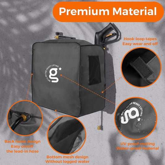 Retractable-Pressure-Washer-Protective-Cover with features highlighted on a gray background including: back holes for easy on/off for the lead in hose, bottom mesh design to not pool water, UV proof coating, water proof material, and hook loop tapes.