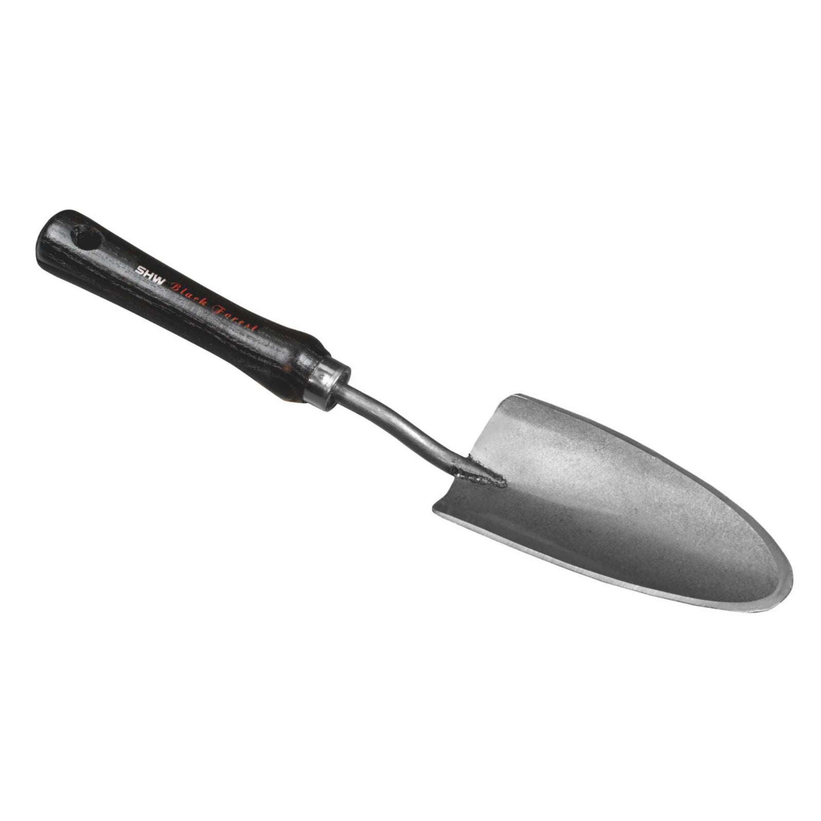 Gardening trowel with black handle on a white background