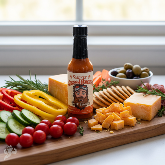 Smoked Mango Habanero Hot Sauce on charcuterie board with various sliced vegetables, cheese, crackers, and herbs.