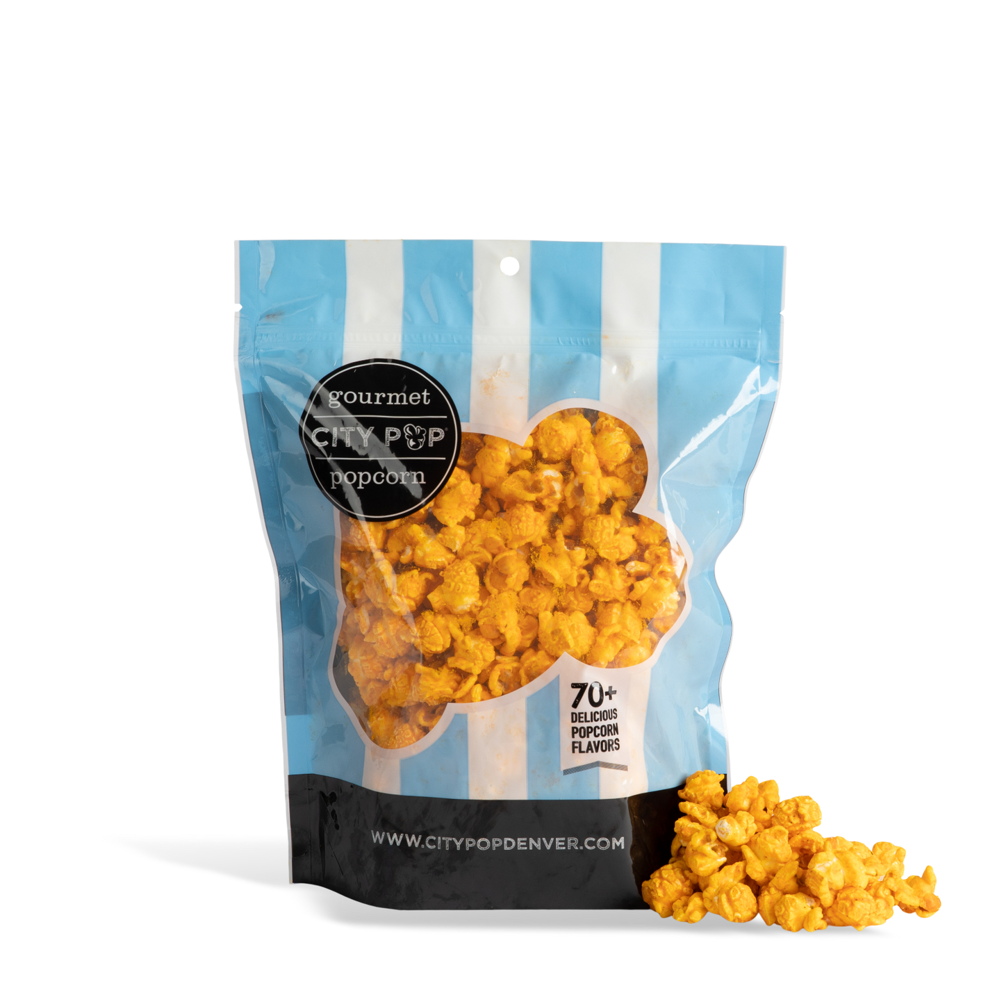 Bag of City Pop Spicy Buffalo popcorn with visible branding on a white background