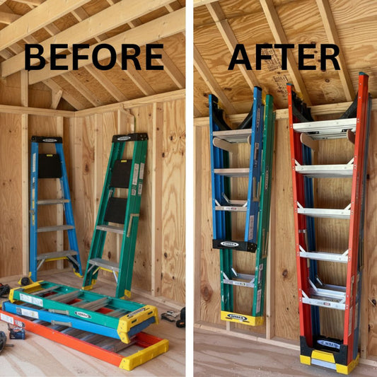 Before and after comparison showing step ladders cluttering the floor and leaning against a wall inside an unfinished shed versus neatly organized on the stud-mounted step ladder organization rack.