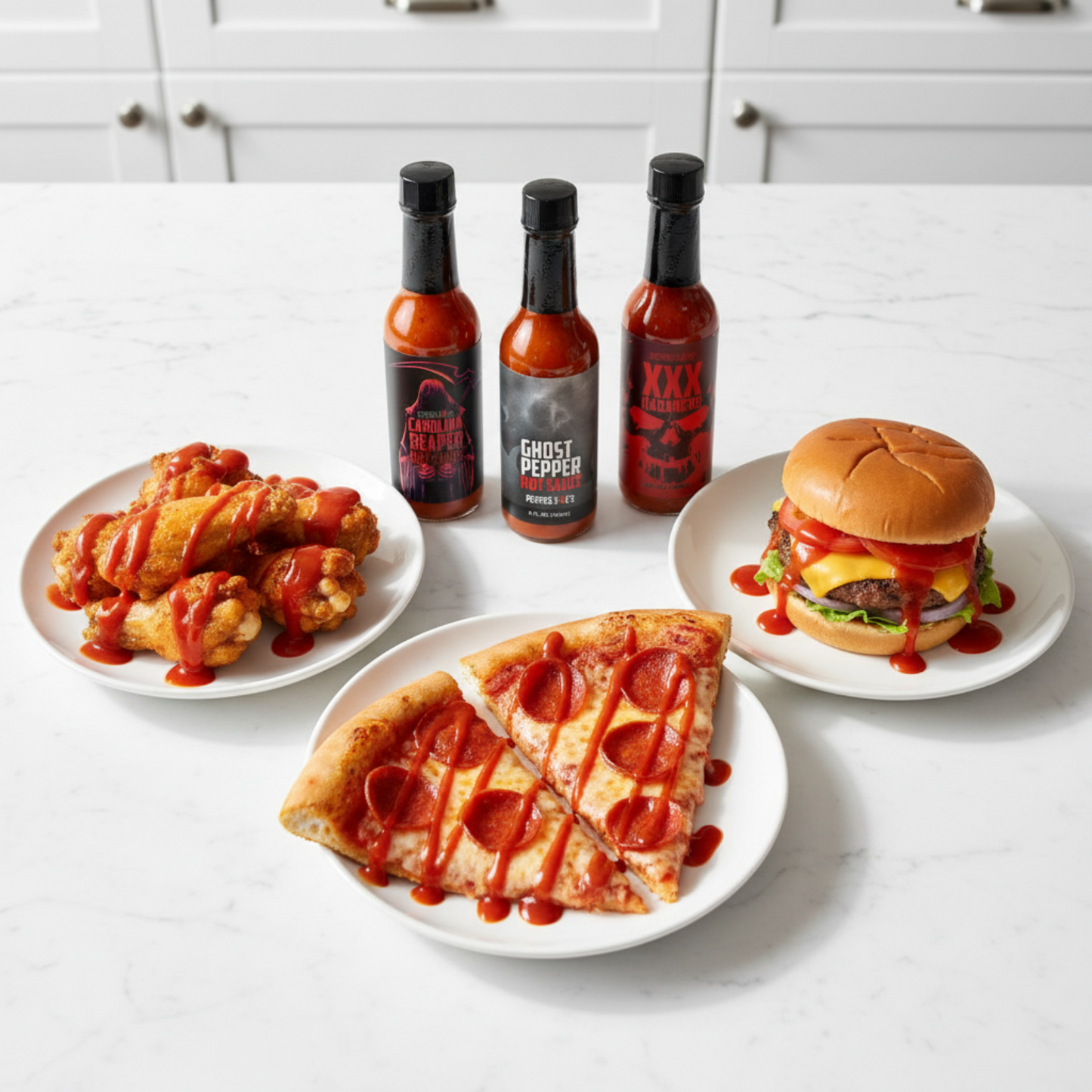 One bottle each of Carolina Reaper, Ghost Pepper, and XXX Habanero hot sauces including in the Tour of Heat Gift Box on a white kitchen counter beside a plate of pizza, plate with a loaded hamburger, and plate of fried chicken wings drizzled in the sauces.