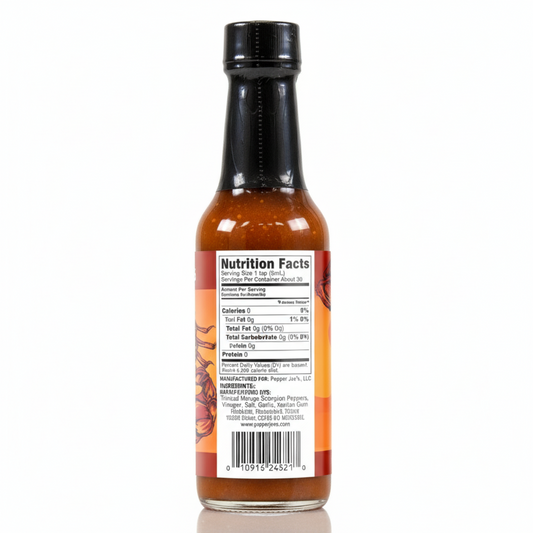 Back label of Trinidad Moruga Scorpion Hot Sauce bottle showing ingredients and nutrition facts