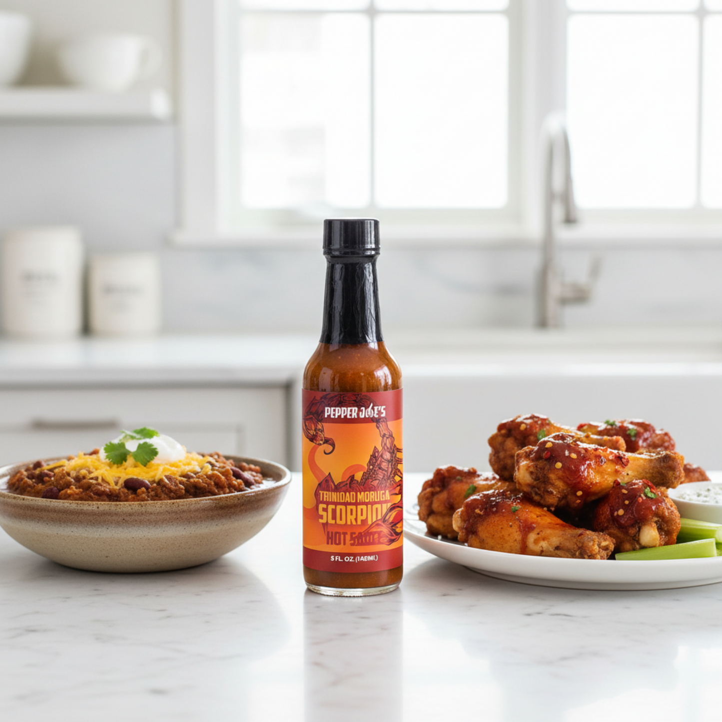 Trinidad Moruga Scorpion Hot Sauce bottle on a white kitchen counter beside a bowl of chili and a plate of fried chicken wings drizzled with spicy hot sauce.