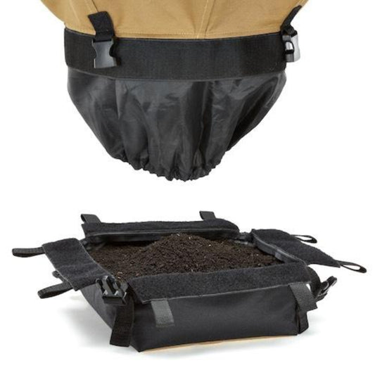 Urban Worm Bag with bottom cap removed with compost inside sitting on a white background
