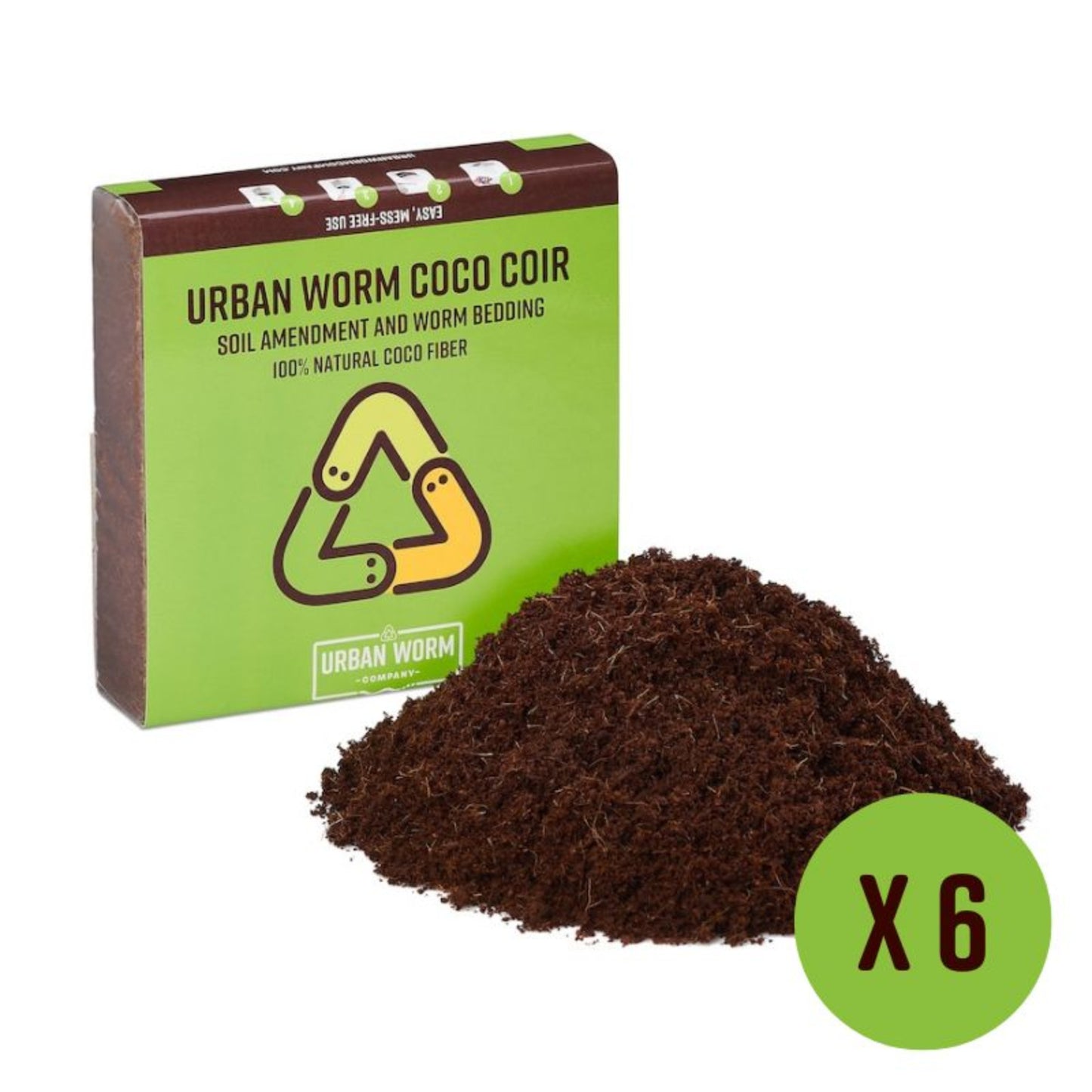 Six Pack of Urban Worm Coco Coir with a pile of coco coir on a white background