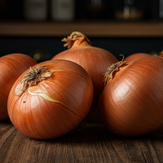 Ailsa Craig onions on wooden countertop used to display onion seeds for sale